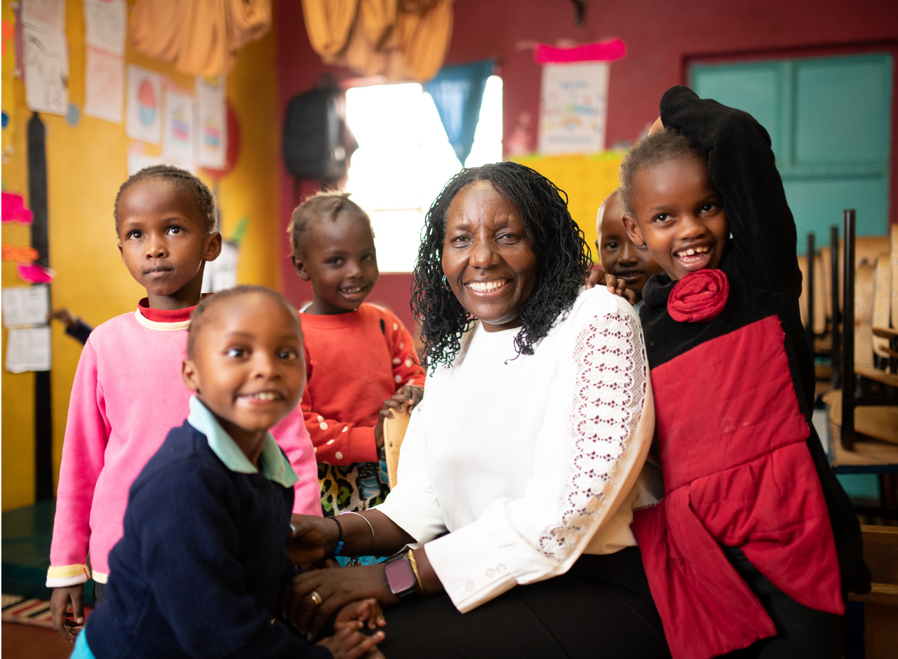 Kid's surrounding woman